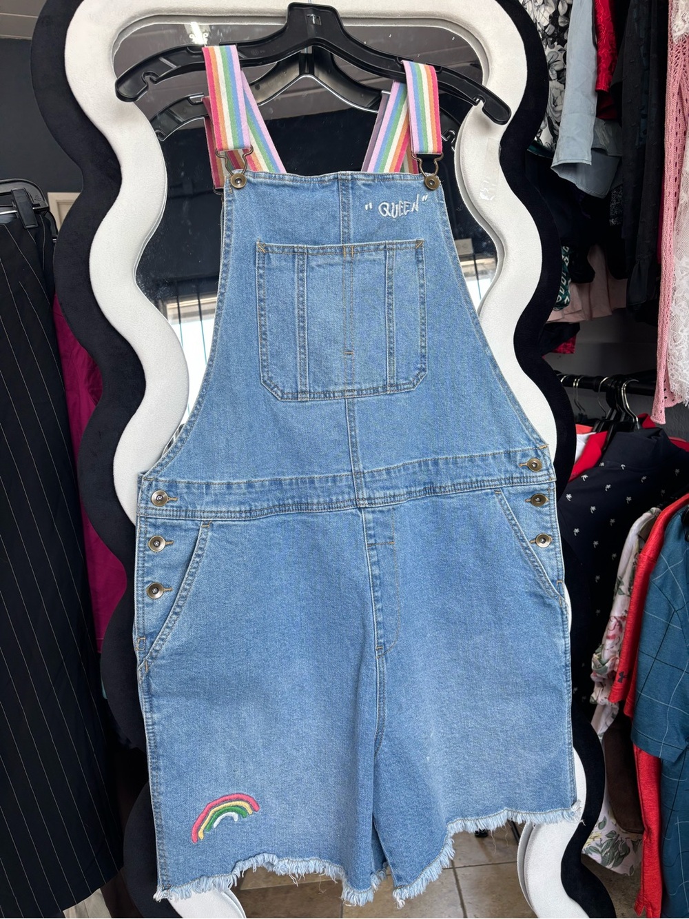 Denim Rainbow-Strap Short Overalls with 'QUEEN' Embroidery